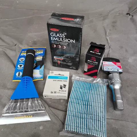 APPROXIMATELY 15 ASSORTED VEHICLE PARTS/ACCESSORIES TO INCLUDE WHEEL BEARING WEIGHTS, ICE SCRAPER, GLASS EMULSION ETC 