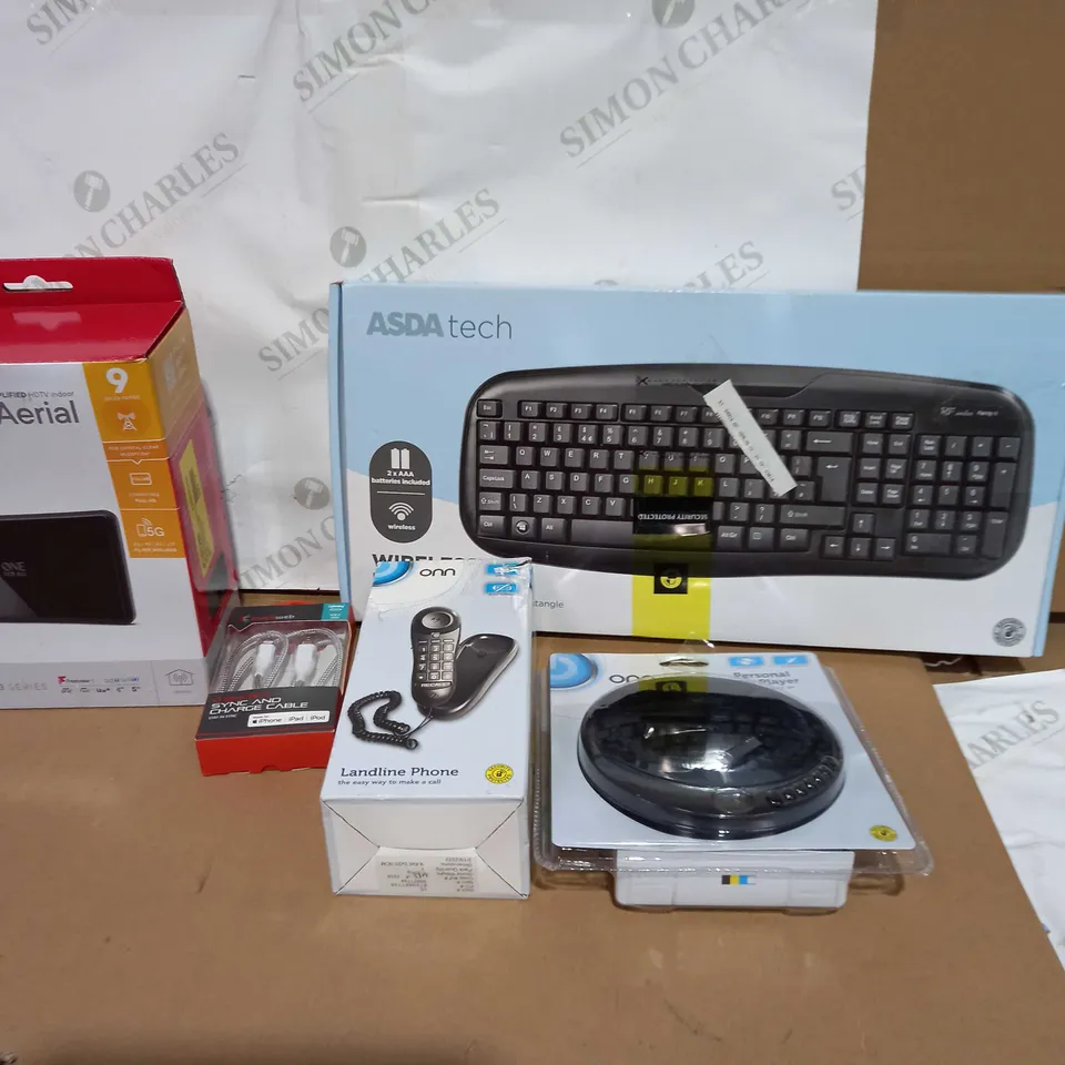 BOX OF APPROXIMATELY 25 ASSORTED ITEMS TO INCLUDE A WIRELESS KEYBOARD, A PERSONAL CD PLAYER AND A LANDLINE