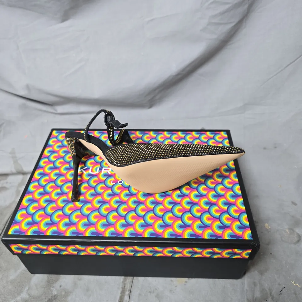 KURT GEIGER LONDON BLACK RHINESTONE POINTED-TOE STILETTO SANDAL WITH ANKLE STRAP – WOMEN'S FOOTWEAR SIZE 38