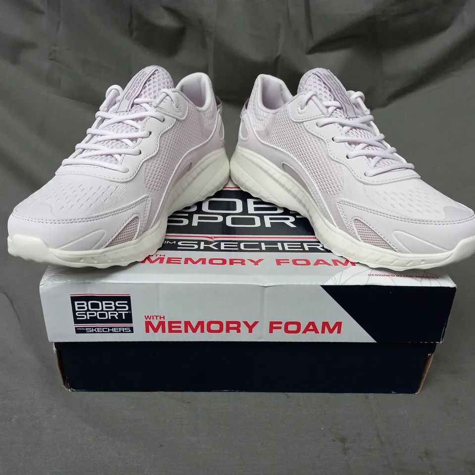 BOXED PAIR OF SKECHERS BOBS SQUAD COSMIC TRAINERS IN LAVENDER SIZE 5