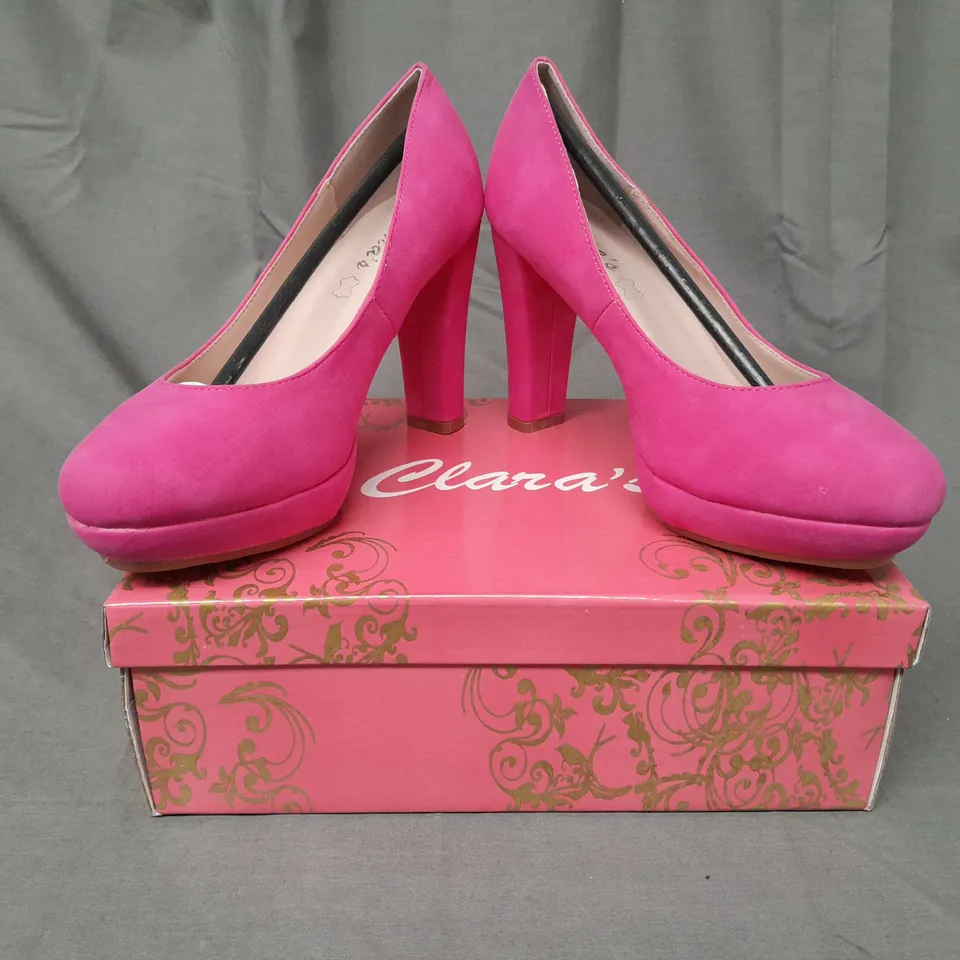 BOXED PAIR OF CLARA'S CLOSED TOE HIGH HEEL SHOES IN FUCHSIA 37