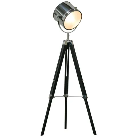 BOXED HOMCOM INDUSTRIAL STYLE ADJUSTABLE TRIPOD FLOOR LAMP, SEARCHLIGHT LAMP WITH WOODEN LEGS AND STEEL LAMPSHADE, 110-155CM, BLACK