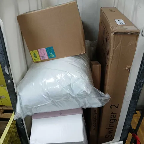 APPROXIMATELY 5 ASSORTED ITEMS TO INCLUDE ADVERTISEMENT SWINGER, PILLOWS, FOOD SEEDS, ETC - COLLECTION ONLY
