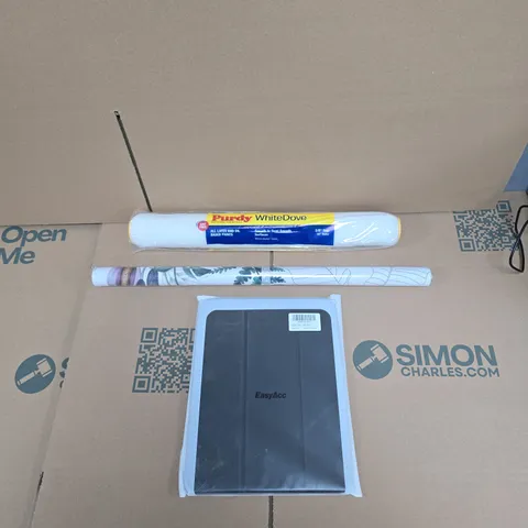 LARGE QUANTITY OF ASSORTED ITEMS TO INCLUDE PAINT ROLLER BRUSH, ASSORTMENT OF WALLPAPER, PROTECTIVE TABLET CASE, ETC - COLLECTION ONLY