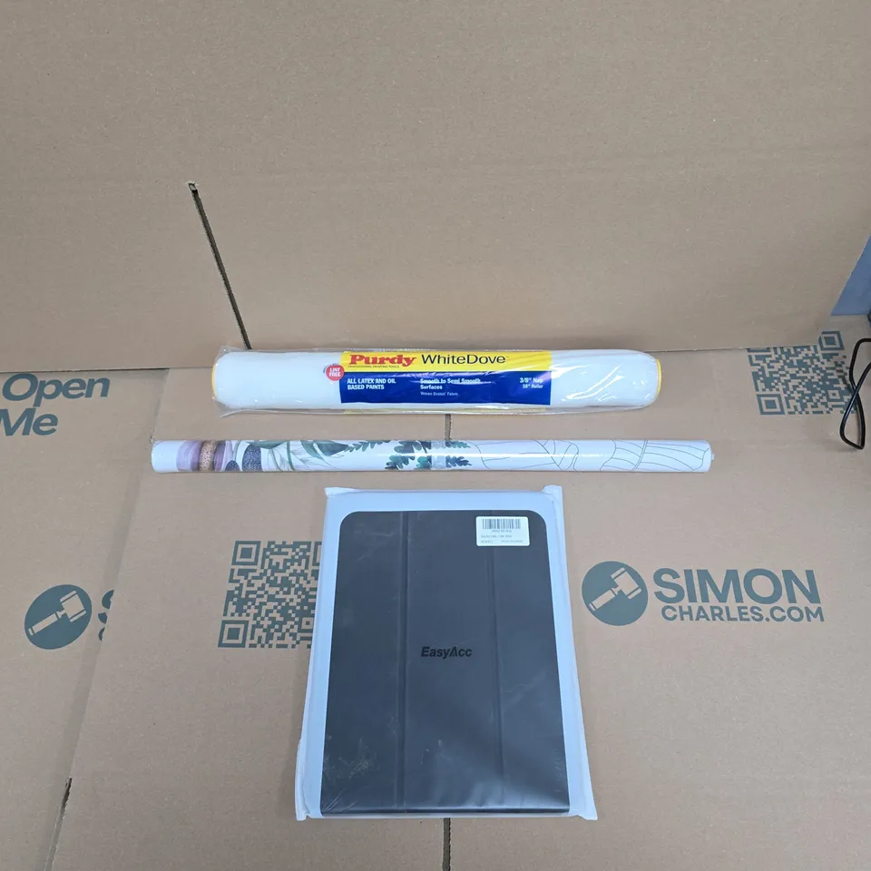 LARGE QUANTITY OF ASSORTED ITEMS TO INCLUDE PAINT ROLLER BRUSH, ASSORTMENT OF WALLPAPER, PROTECTIVE TABLET CASE, ETC - COLLECTION ONLY