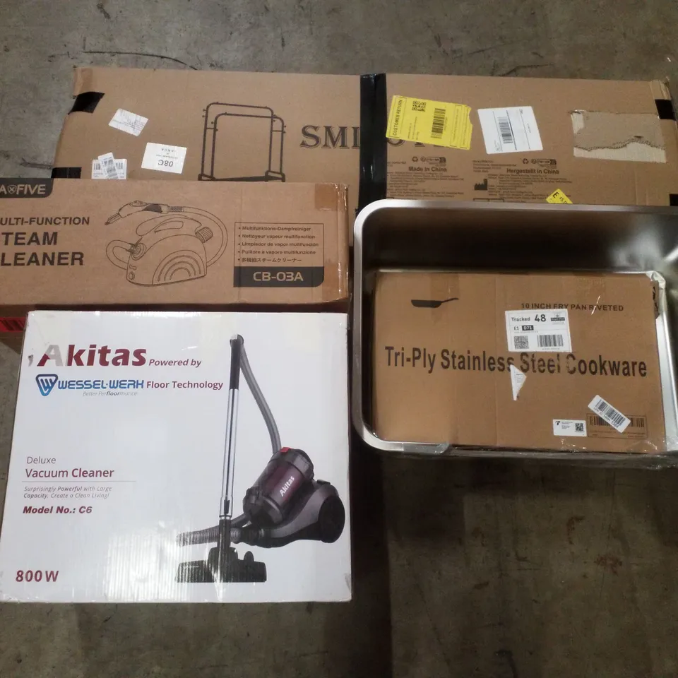 PALLET CONTAINING ASSORTED PRODUCTS INCLUDING VACUUM CLEANER, STEAM CLEANER, CLOTHES RACK, CAT LITTER BOX & STAINLESS STEEL COOKWARE