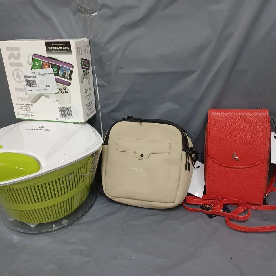 APPROXIMATELY 9 HOUSEHOLD ITEMS TO INCLUDE BAGS, KITCHENWARE AND GAMING CONTROLLER