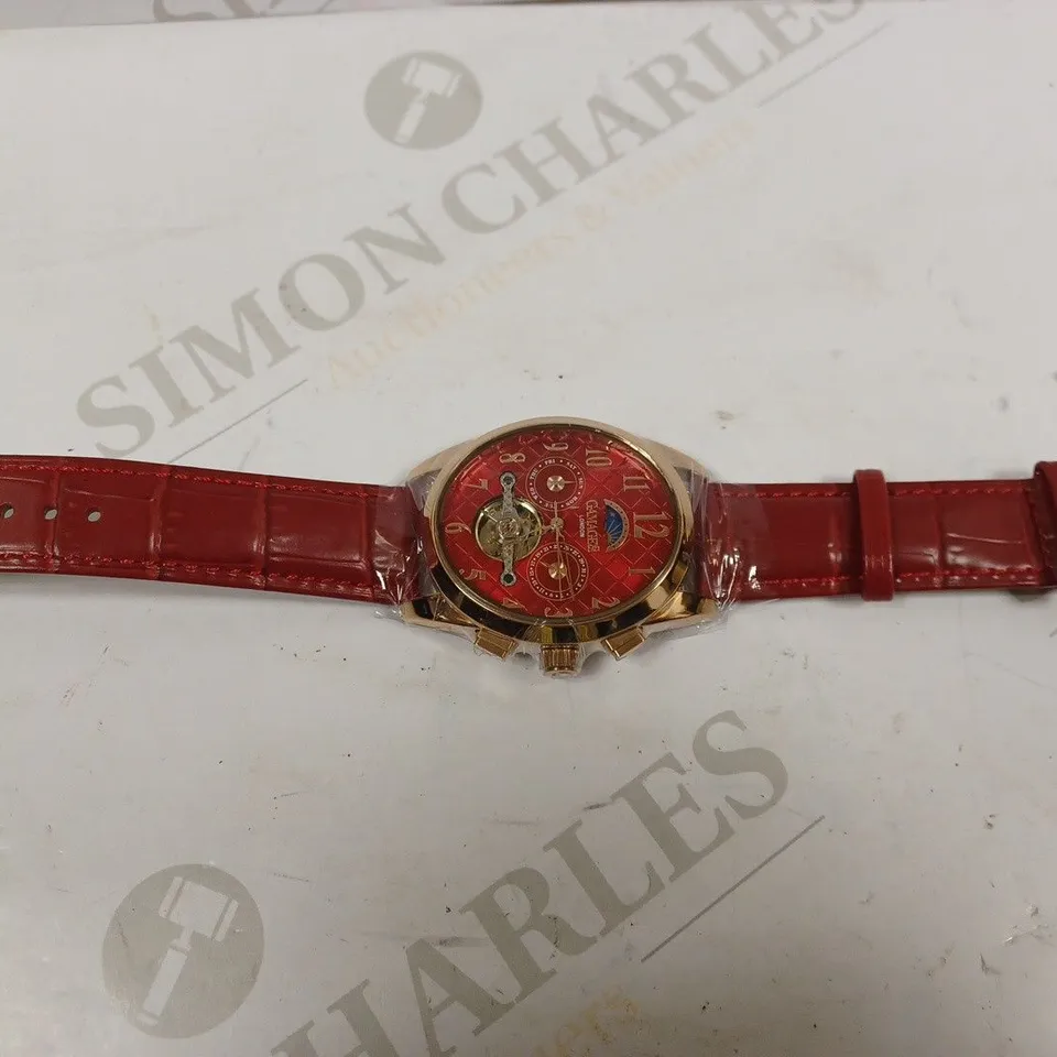 GAMAGES OF LONDON LIMITED EDITION HAND ASSEMBLED MUSE AUTOMATIC ROSE RED WATCH RRP £805