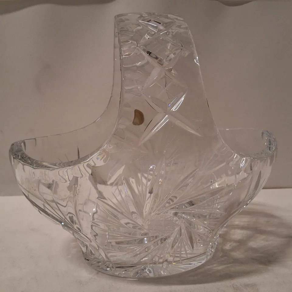 CRYSTAL GLASS DECORATIVE BOWL WITH ARCHED HANDLE, CUT PATTERN