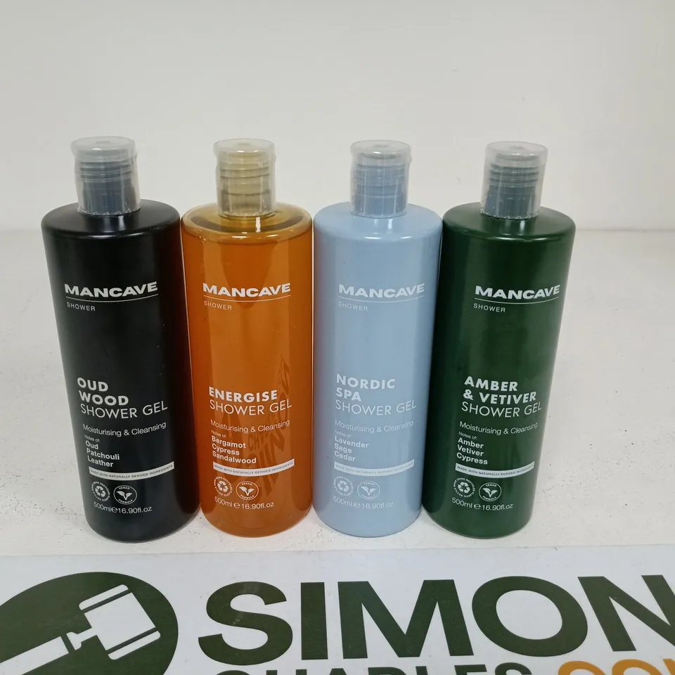 MANCAVE SHOWER GEL COLLECTION – 4 X 500ML (OUD WOOD, ENERGISE, NORDIC SPA, AMBER & VETIVER)