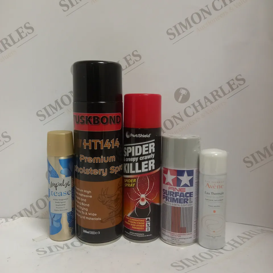 BOX OF APPROX 15 ASSORTED AEROSOLS TO INCLUDE - PESTSHIELD SPIDER KILLER - FINE SURFACE PRIMER - AVENE EAU THERMALE - IMPULSE TEASE ECT