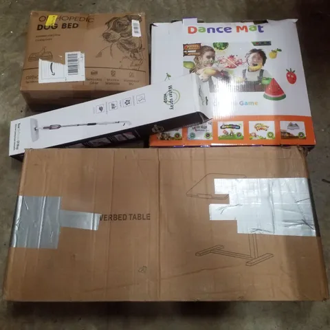 PALLET CONTAINING ASSORTED PRODUCTS INCLUDING DOG BED, WATER SPRAY MOP, DANCE MAT CAMERA GAME & OVERBED TABLE
