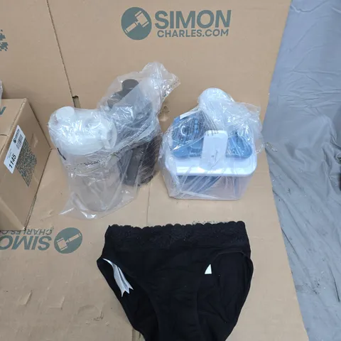 LARGE QUANTITY OF ASSORTED ITEMS TO INCLUDE PAIR OF 1.5L WATER BOTTLES, FOOD CHOPPER, ASSORTMENT OF CLOTHING, ETC - COLLECTION ONLY