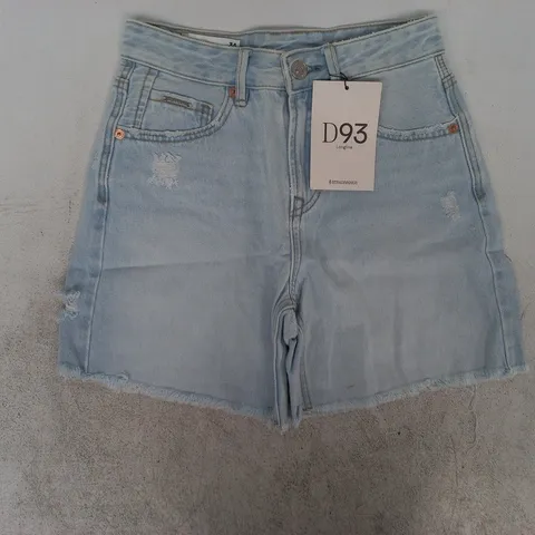 STRADIVARIUS D93 LONGLINE DISTRESSED DENIM SHORTS IN LIGHT BLUE SIZE UK 6