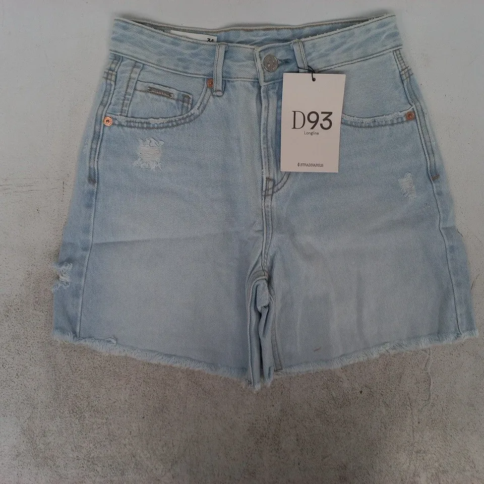 STRADIVARIUS D93 LONGLINE DISTRESSED DENIM SHORTS IN LIGHT BLUE SIZE UK 6
