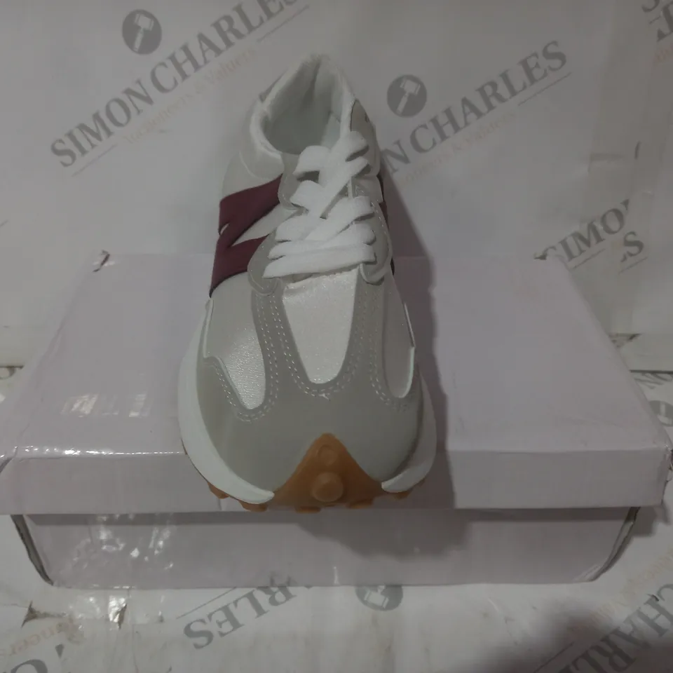 BOXED PAIR OF NEW BALANCE TRAINERS IN WHITE/MAROON EU SIZE 41
