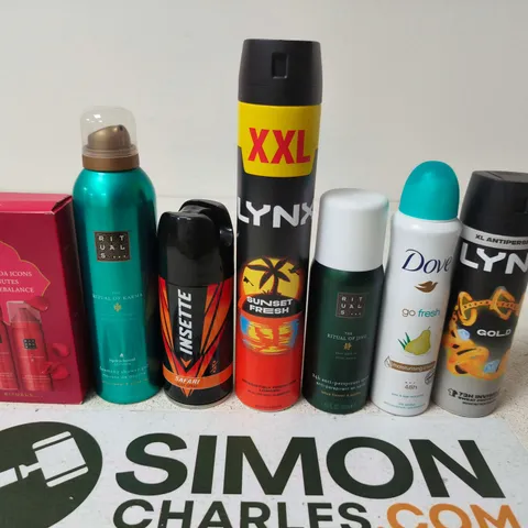 APPROXIMATELY 15 ASSORTED AEROSOLS TO INCLUDE LYNX , DOVE AND RITUALS