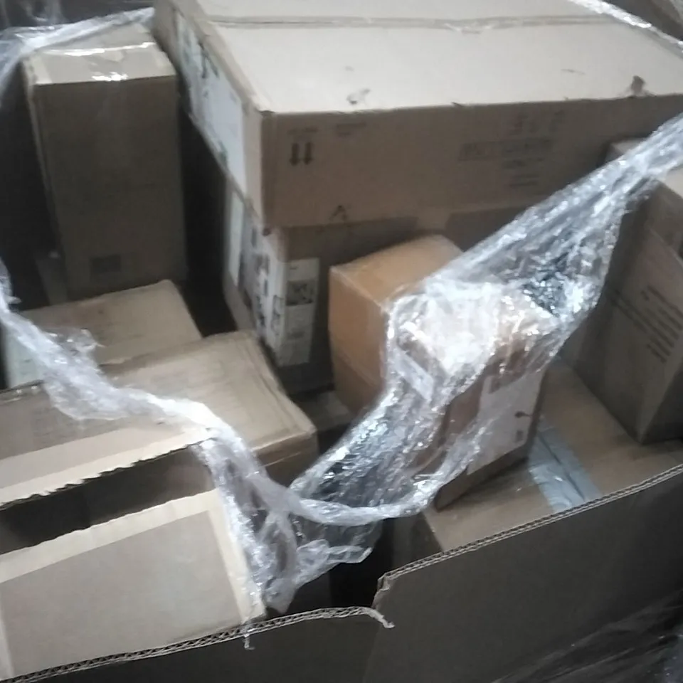PALLET CONTAINING A VERY LARGE QUANTITY OF ASSORTED DESIGNER LIGHTING PRODUCTS INCLUDING:PLUG IN WALL LIGHT,AUDRA 5 LIGHT CHANDELIER PENDENT,TABLE LAMP