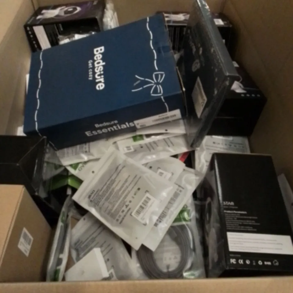 PALLET OF APPROXIMATELY ASSORTED HOUSEHOLD ITEMS TO INCLUDE LIGHTNING , CABLES AND BLANKETS 