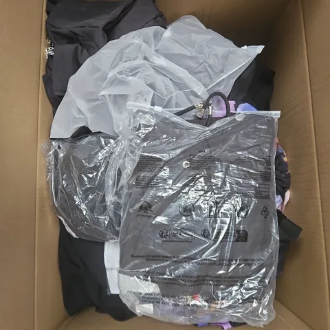 LARGE BOX OF APPROXIMATELY 25 ASSORTED CLOTHING ITEMS IN VARIOUS COLOURS, STYLES AND SIZES - COLLECTION ONLY