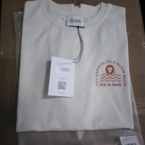 BOX OF MIXED ASSORTMENT OF BRAND NEW BRASS MONKEY CLOTHING ITEMS INCLUDING - TSHIRTS - SIZES L - APPROXIMATELY X20 ITEMS