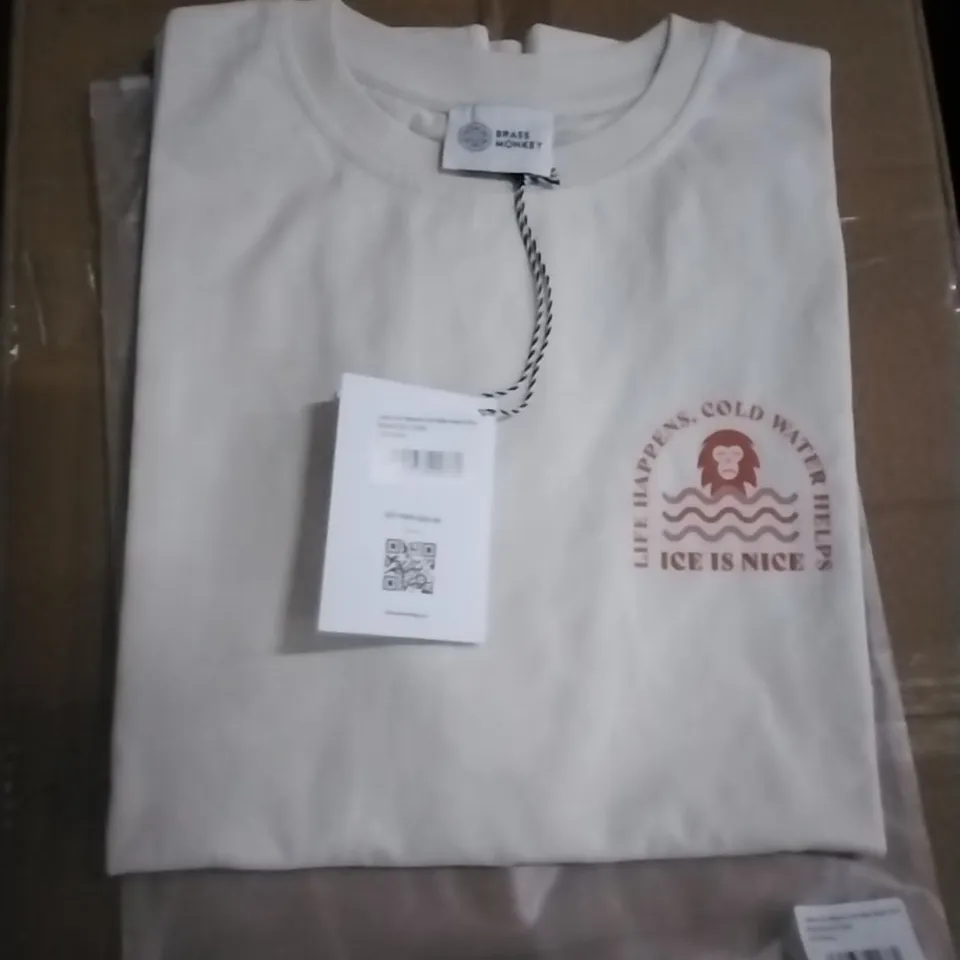 BOX OF MIXED ASSORTMENT OF BRAND NEW BRASS MONKEY CLOTHING ITEMS INCLUDING - TSHIRTS - SIZES L - APPROXIMATELY X20 ITEMS