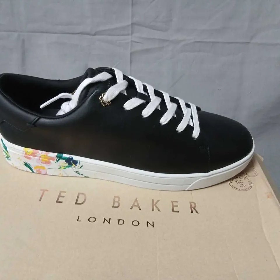 TED BAKER LONDON TIMAYA FLORAL CUPSOLE TRAINER – BLACK, UK 8