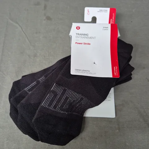 LULULEMON 3 PACKS OF TRAINING POWER STRIDE CREW LENGTH SOCKS IN BLACK - LARGE