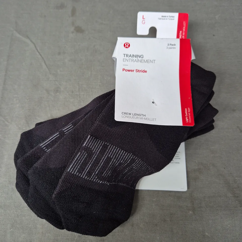 LULULEMON 3 PACKS OF TRAINING POWER STRIDE CREW LENGTH SOCKS IN BLACK - LARGE