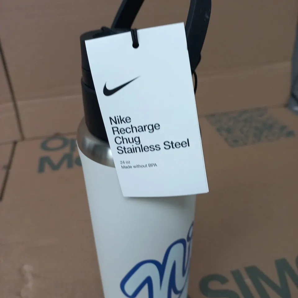 NIKE RECHARGE CHUG STAINLESS STEEL WATER BOTTLE – 24 OZ, WHITE WITH BLUE NIKE LOGO