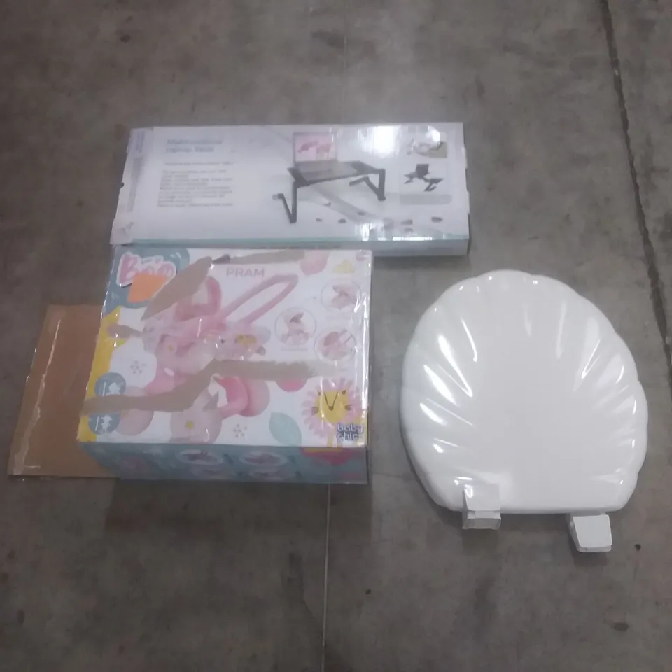 PALLET OF ASSORTED HOUSEHOLD PRODUCTS AND ITEMS, INCLUDING; TOILET SEAT, KIDS PLAY PRAM, LAPTOP TABLE, BOXED FURNITURE ETC 
