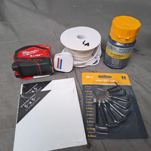 APPROXIMATELY 15 ASSORTED HOUSEHOLD PRODUCTS TO INCLUDE TAPE MEASURE, HEX KEY SET, MINI CANVAS ETC 