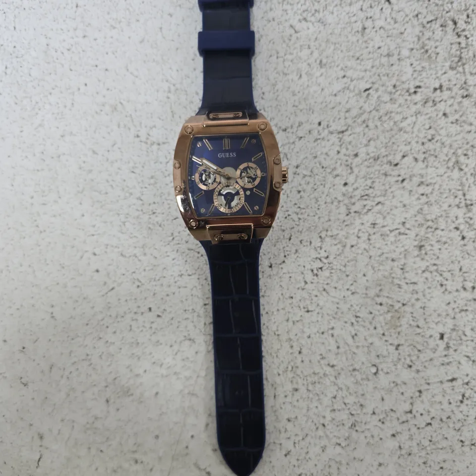 GUESS WATCH – BLUE DIAL, ROSE GOLD-TONE CASE, BLUE STRAP