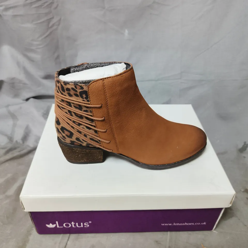 LOTUS WOMEN'S ANKLE BOOT – BROWN LEATHER WITH LEOPARD PRINT BACK PANEL (UK 5 / EU 38)