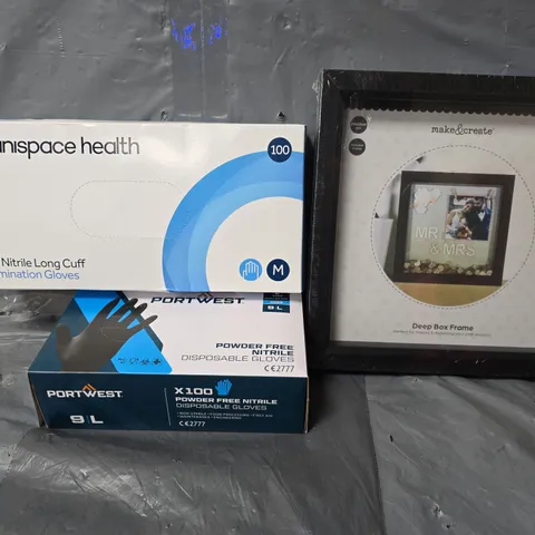 BOX OF APPROXIMATELY 12 ASSORTED ITEMS TO INCLUDE - MAKE & CREATE FRAME , UNISPACE HEALTH EXAMINATION GLOVES ETC
