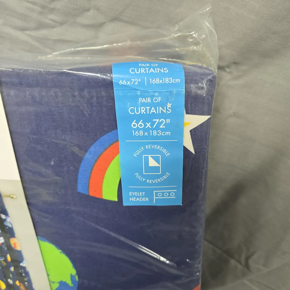 CATHERINE LANSFIELD KIDS CURTAINS – SPACE THEME, EYELET HEADER, FULLY REVERSIBLE, 66X72 INCHES
