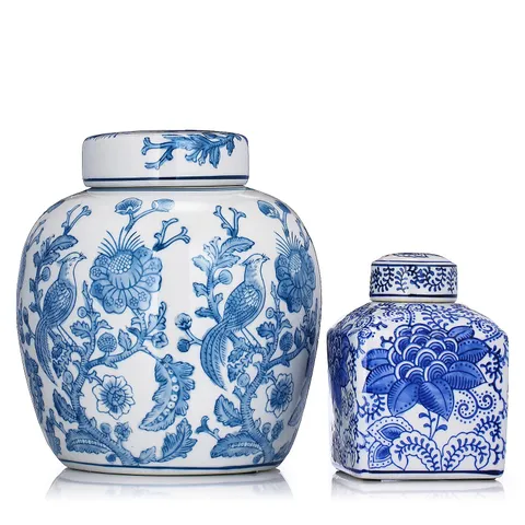 OTTERSBROOK WHITE BLUE JAR SET WITH BIRD FLORAL DESIGN