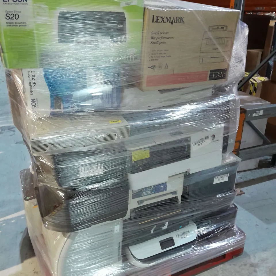 PALLET OF APPROXIMATELY 35 ASSORTED ESPON WF-3620 PRINTERS , HP PRINTERS AND BROTHER FAX 1360 , ETC - COLLECTION ONLY 