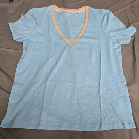 BODENS WOMEN'S LIGHT BLUE V-NECK TOP WITH PINK GLITTER TRIM - UK 12