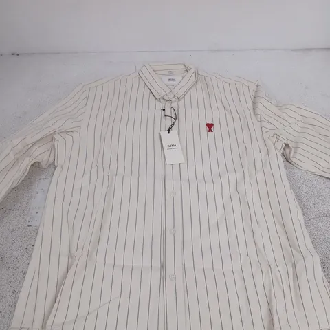 AMI ALEXANDRE MATTIUSSI STRIPED SHIRT – BEIGE & NAVY, SIZE 2XL