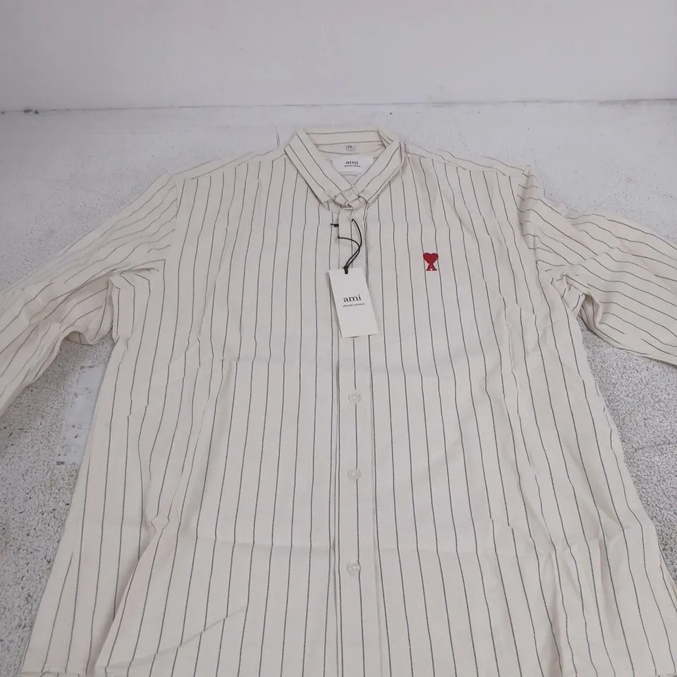 AMI ALEXANDRE MATTIUSSI STRIPED SHIRT – BEIGE & NAVY, SIZE 2XL