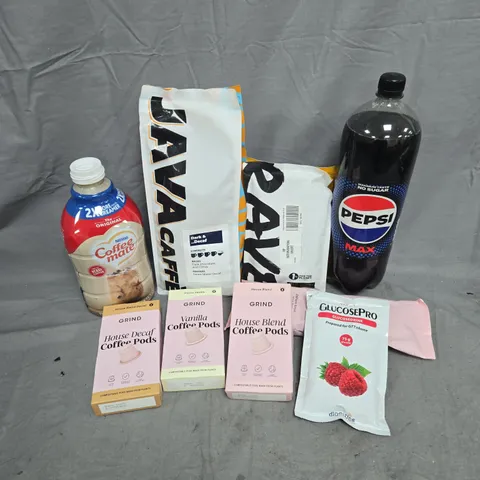 APPROXIMATELY 10 ASSORTED FOOD ITEMS TO INCLUDE - JAVA CAFFE DECAF BEANS - COFFEE MATE CREAMER - GRIND COFFEE PODS, COLLECTION ONLY