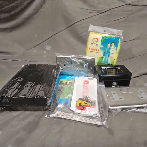 APPROXIMATELY 15 ASSORTED HOUSEHOLD ITEMS TO INCLUDE LOCKBOX, STRAWS, WALL OUTLET, ETC