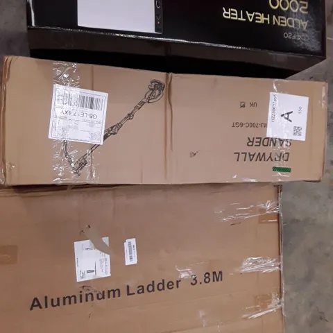 PALLET OF ASSORTED HOUSEHOLD ITEMS TO INCLUDE DRYWALL SANDER, ALDEN HEATER AND 3.8M LADDER