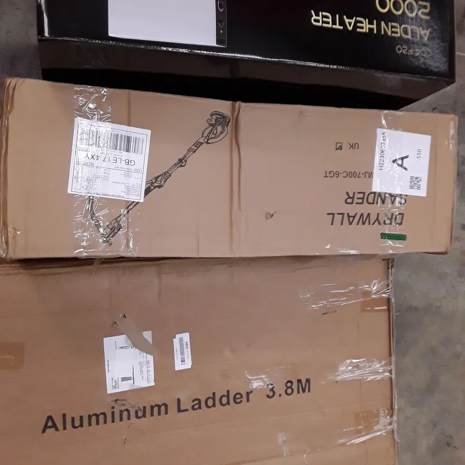 PALLET OF ASSORTED HOUSEHOLD ITEMS TO INCLUDE DRYWALL SANDER, ALDEN HEATER AND 3.8M LADDER