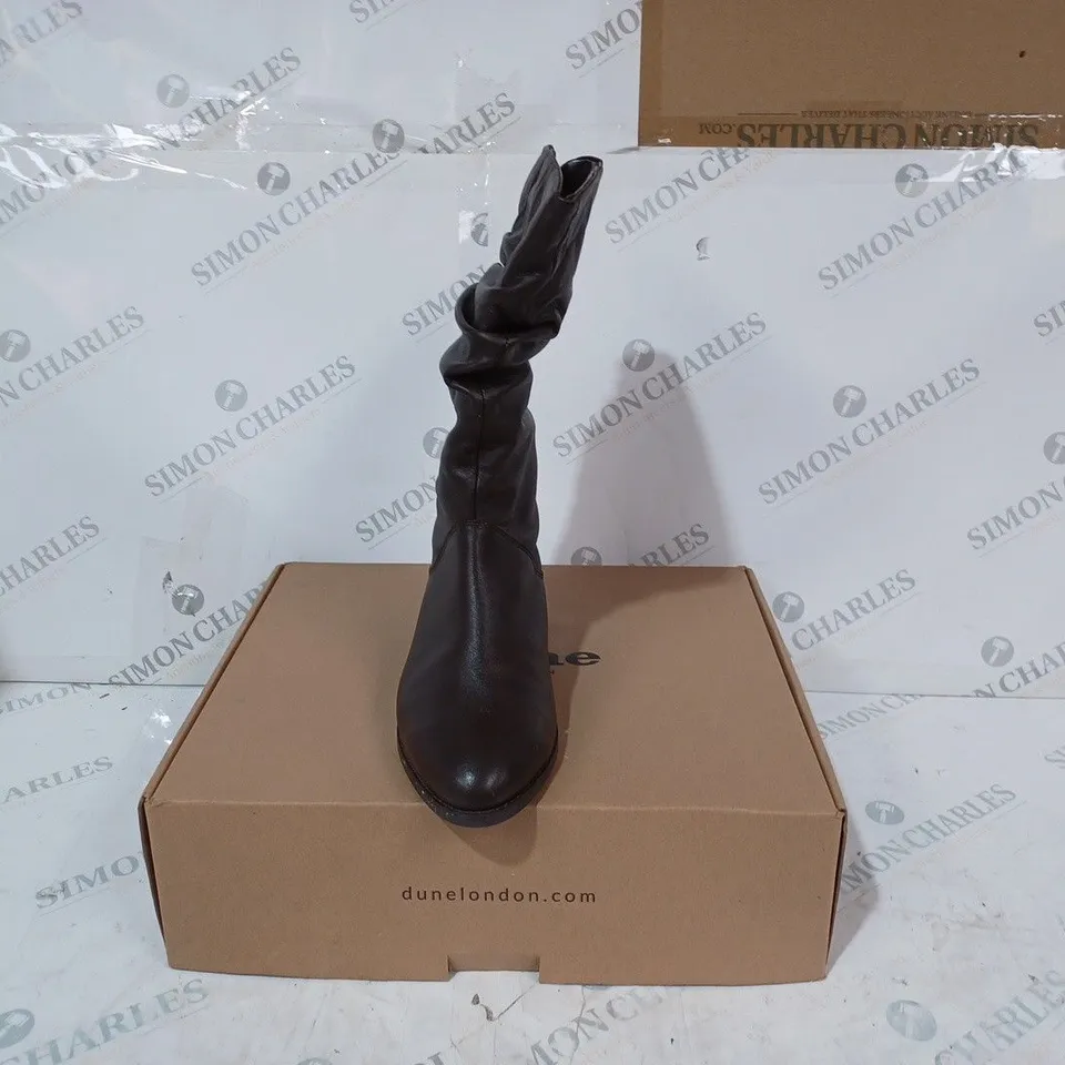 BOXED PAIR OF DUNE LONDON CALF BOOTS IN BROWN SIZE 6