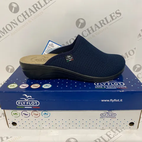 BOXED PAIR OF FLY FLOT NAVY SLIP ONS SIZE 3
