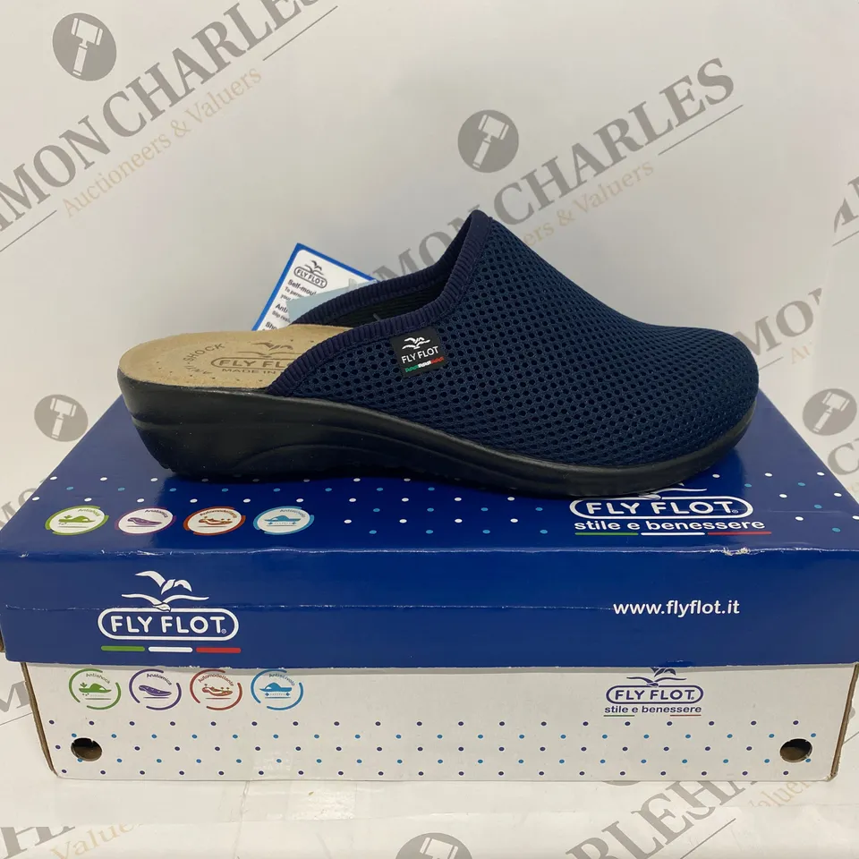 BOXED PAIR OF FLY FLOT NAVY SLIP ONS SIZE 3