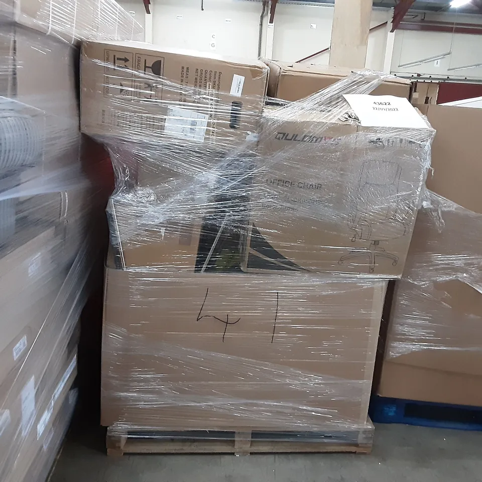 PALLET OF ASSORTED PRODUCTS TO INCLUDE QULOM V5 OFFICE CHAIR, CEDRIC OFFICE CHAIR