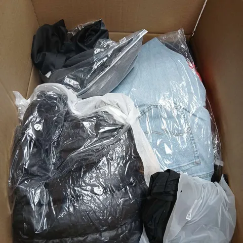 LARGE BOX OF ASSORTED CLOTHING ITEMS IN VARIOUS SIZES, STYLES AND COLOUR 